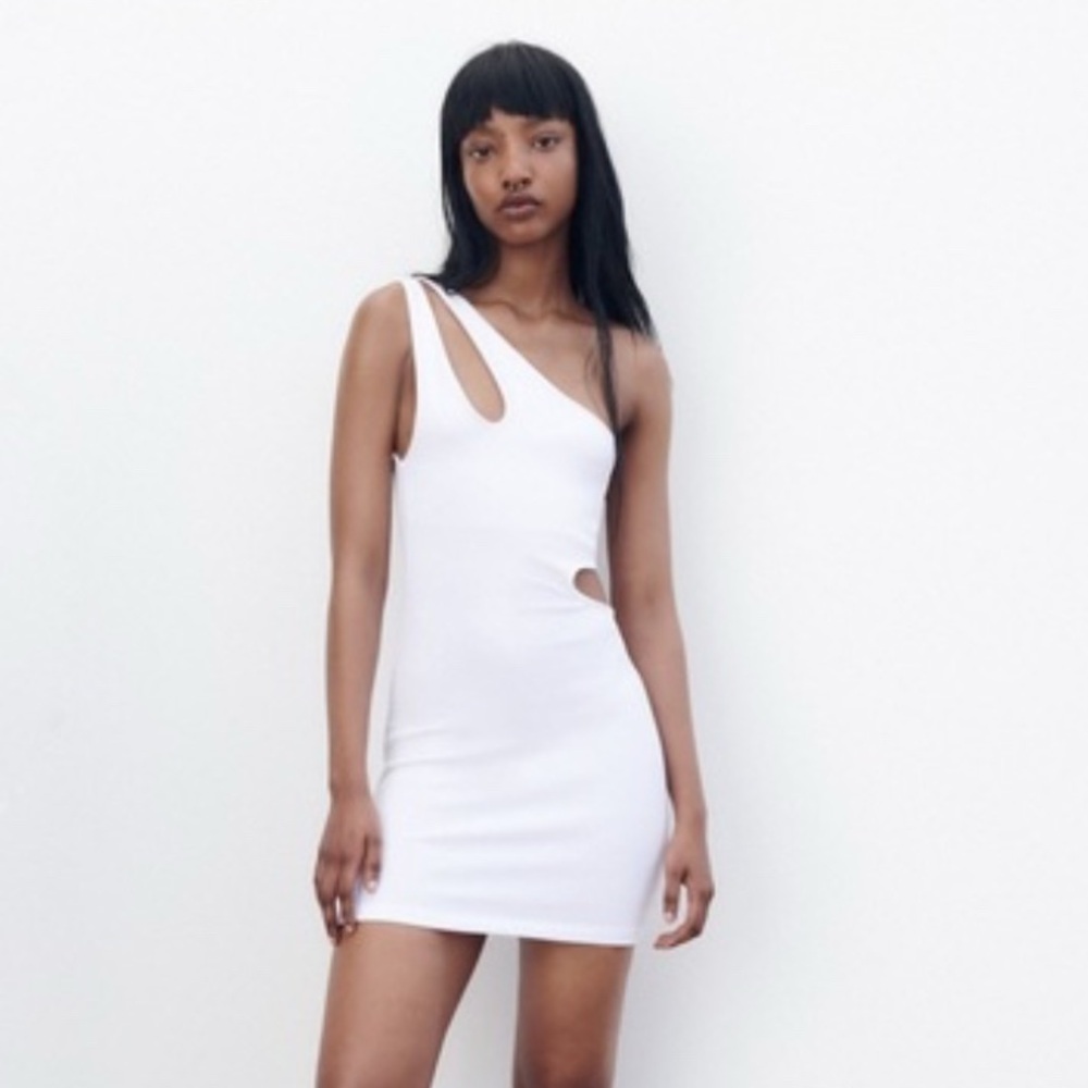 Zara White Cut-Out One Shoulder Asymmetric Mini Dress